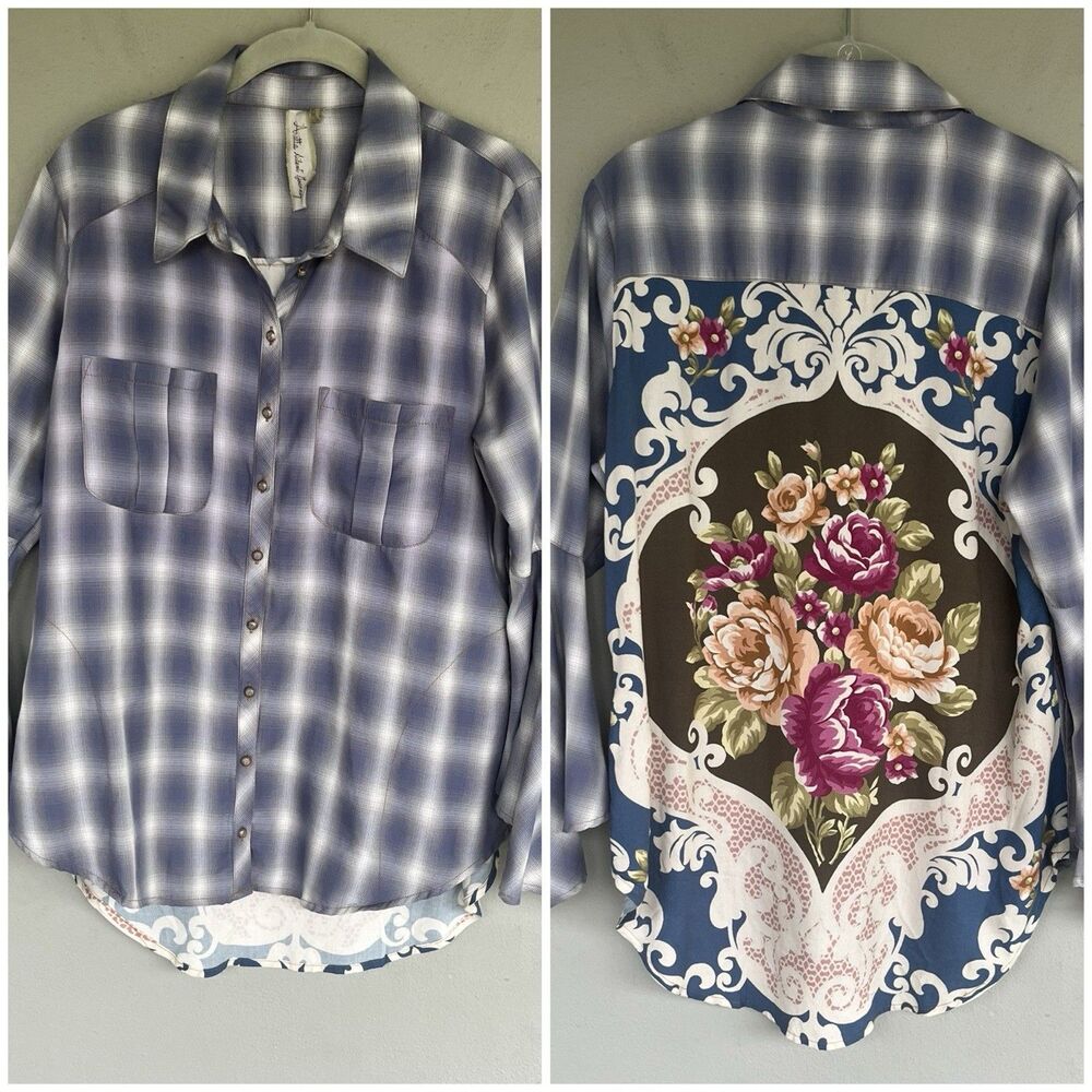 Aratta Silent Journey Plaid Floral Tunic Top M Boho Mixed Media Bell Sleeve Arts